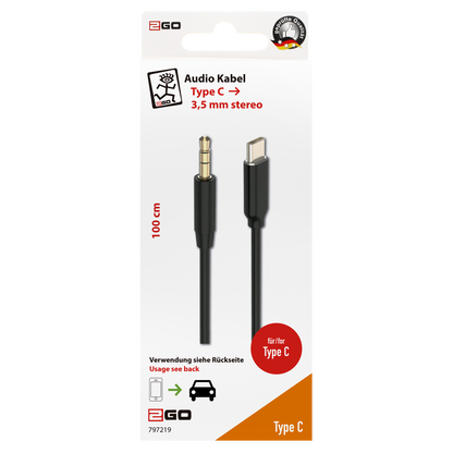 AUX-Audio-Kabel - 3,5 mm Klinkenstecker auf USB Type-C-Stecker - 100 cm - schwarz - Verpackung