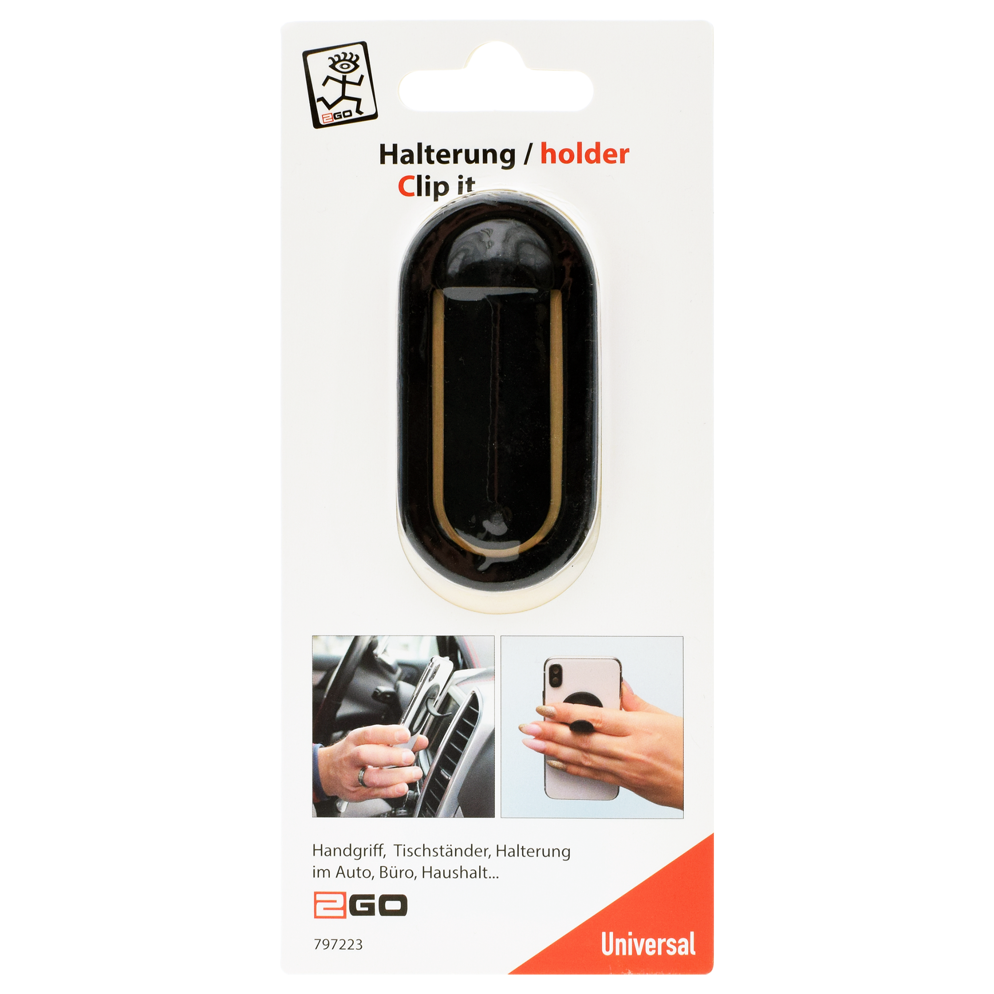 Halter "Clip it" - selbstklebend - Handgriff - Tischständer - Kfz-Halterung - schwarz - Verpackung
