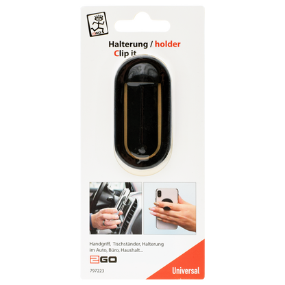 Halter "Clip it" - selbstklebend - Handgriff - Tischständer - Kfz-Halterung - schwarz - Verpackung