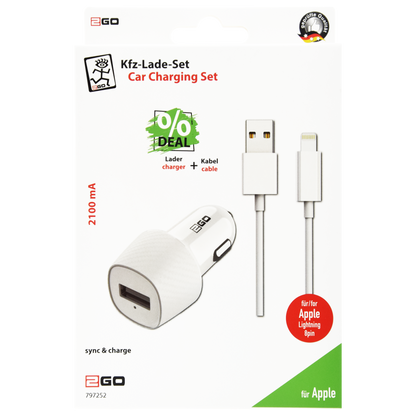 Kfz-Ladeset 12 V / 24 V - 2-teilig - Lightning Kabel - 10 W - 2100 mA - weiß