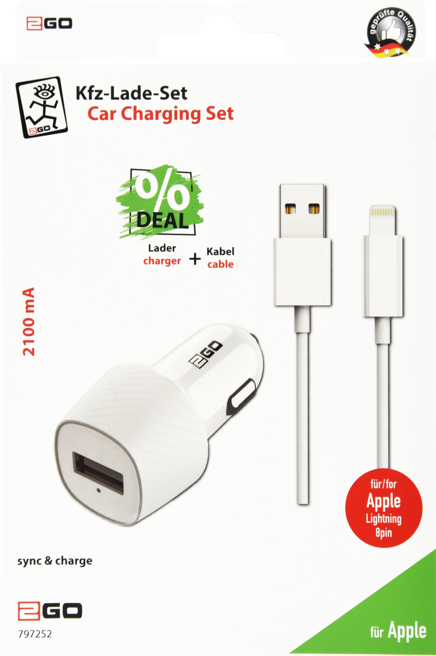 Kfz-Ladeset 12 V / 24 V - 1 x USB A - Lightning-Kabel - 2100 mA - 10 W - weiß - Verpackung
