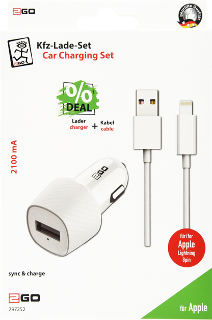 Kfz-Ladeset 12 V / 24 V - 1 x USB A - Lightning-Kabel - 2100 mA - 10 W - weiß - Verpackung