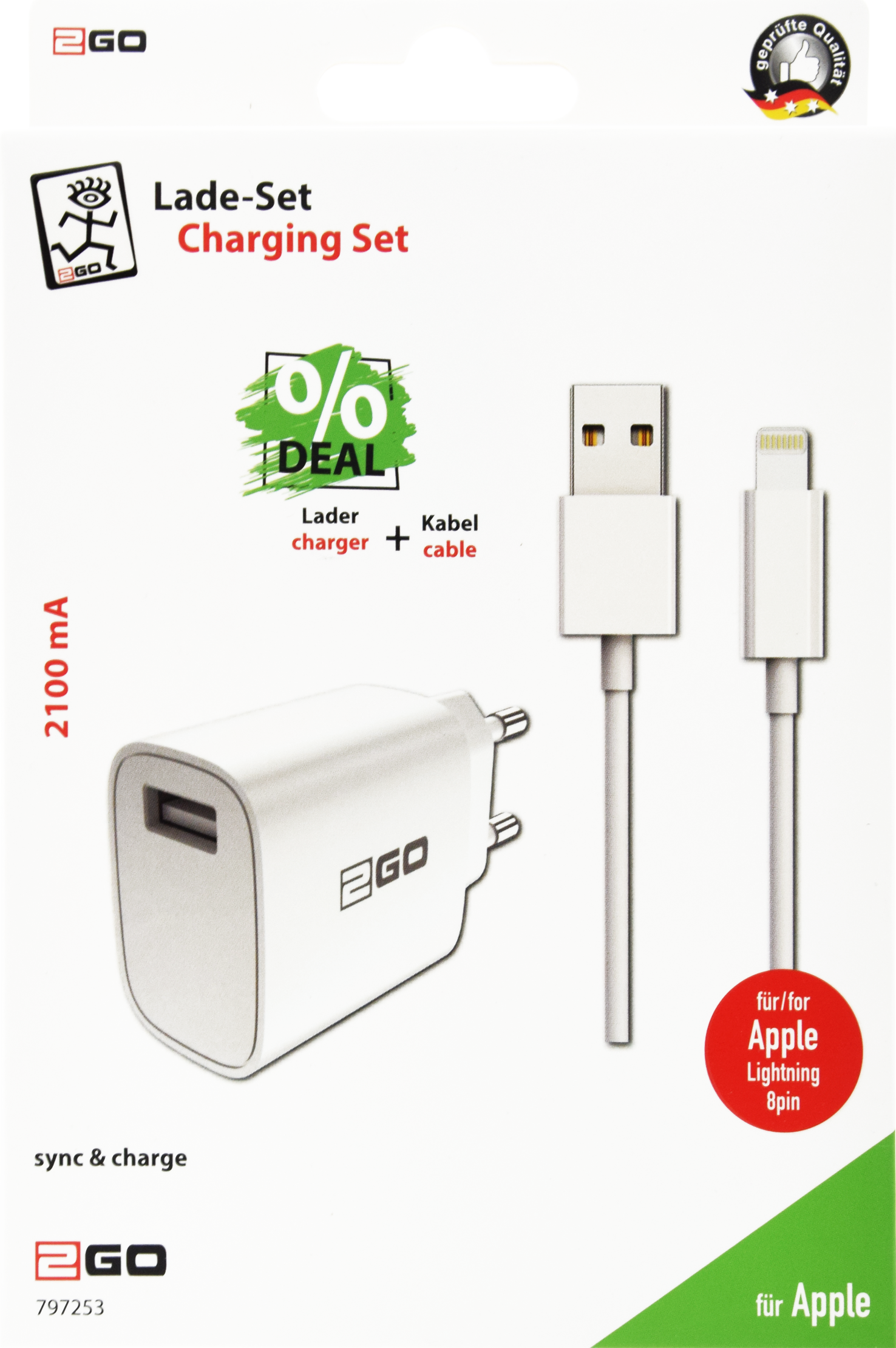 Netz-Ladeset 100 V - 240 V - 1 x USB A - Lightning-Kabel - 2100 mA - 10 W - weiß - Verpackung