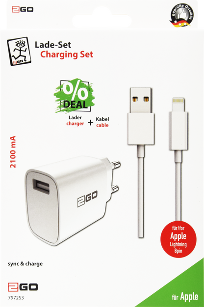 Netz-Ladeset 100 V - 240 V - 1 x USB A - Lightning-Kabel - 2100 mA - 10 W - weiß - Verpackung