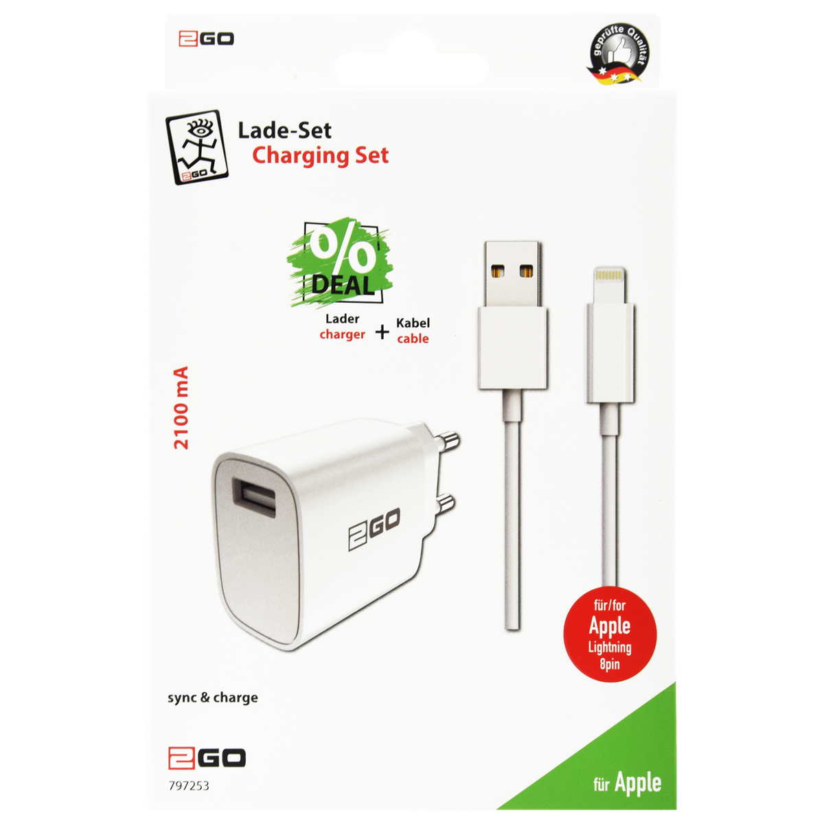 Netz-Ladeset 100 V - 240 V - 2-teilig - 8-Pin (Lightning) Kabel - 1 x USB A - 10 W - 2100 mA - weiß