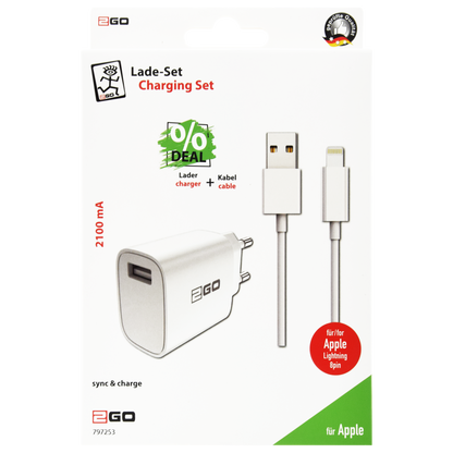 Netz-Ladeset 100 V - 240 V - 2-teilig - 8-Pin (Lightning) Kabel - 1 x USB A - 10 W - 2100 mA - weiß