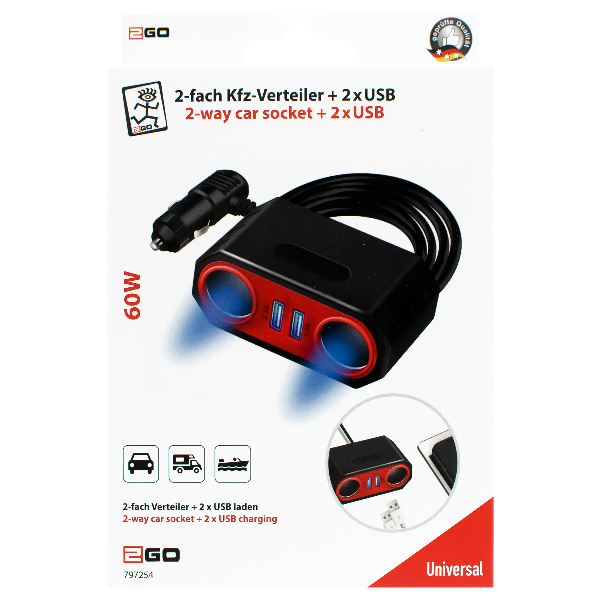 Zigarettenanzünder-Verteiler 2-fach - 2 x USB A - max. 60 W - schwarz/rot - Verpackung