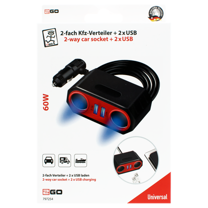Zigarettenanzünder-Verteiler 2-fach - 2 x USB A - max. 60 W - schwarz/rot - Verpackung