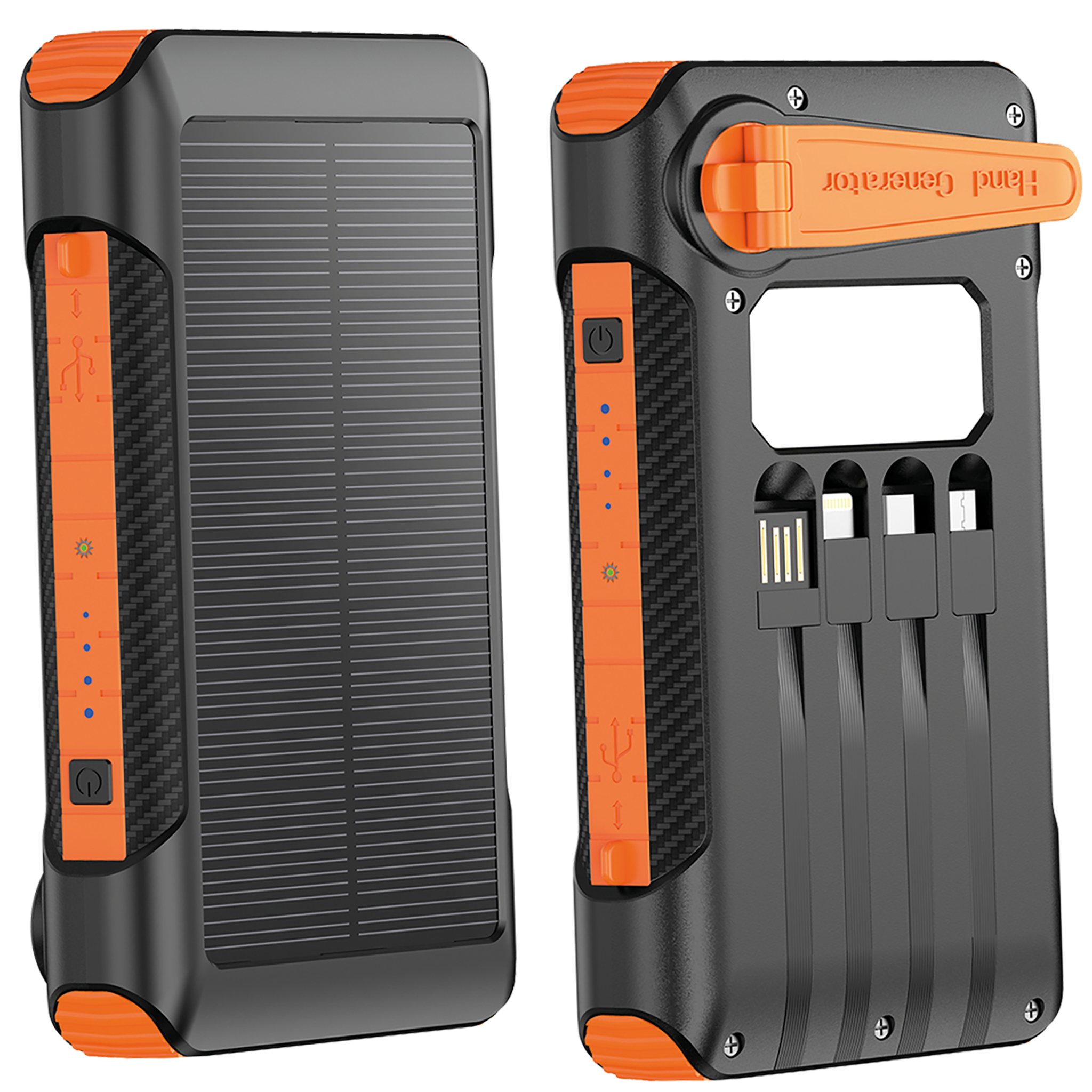 Powerbank - 10000 mAh - 1 x USB A -integrierte Kabel - LED Taschenlampe -Solarpanel - Handkurbel - schwarz / orange