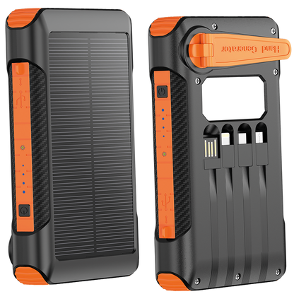 Powerbank - 10000 mAh - 1 x USB A -integrierte Kabel - LED Taschenlampe -Solarpanel - Handkurbel - schwarz / orange