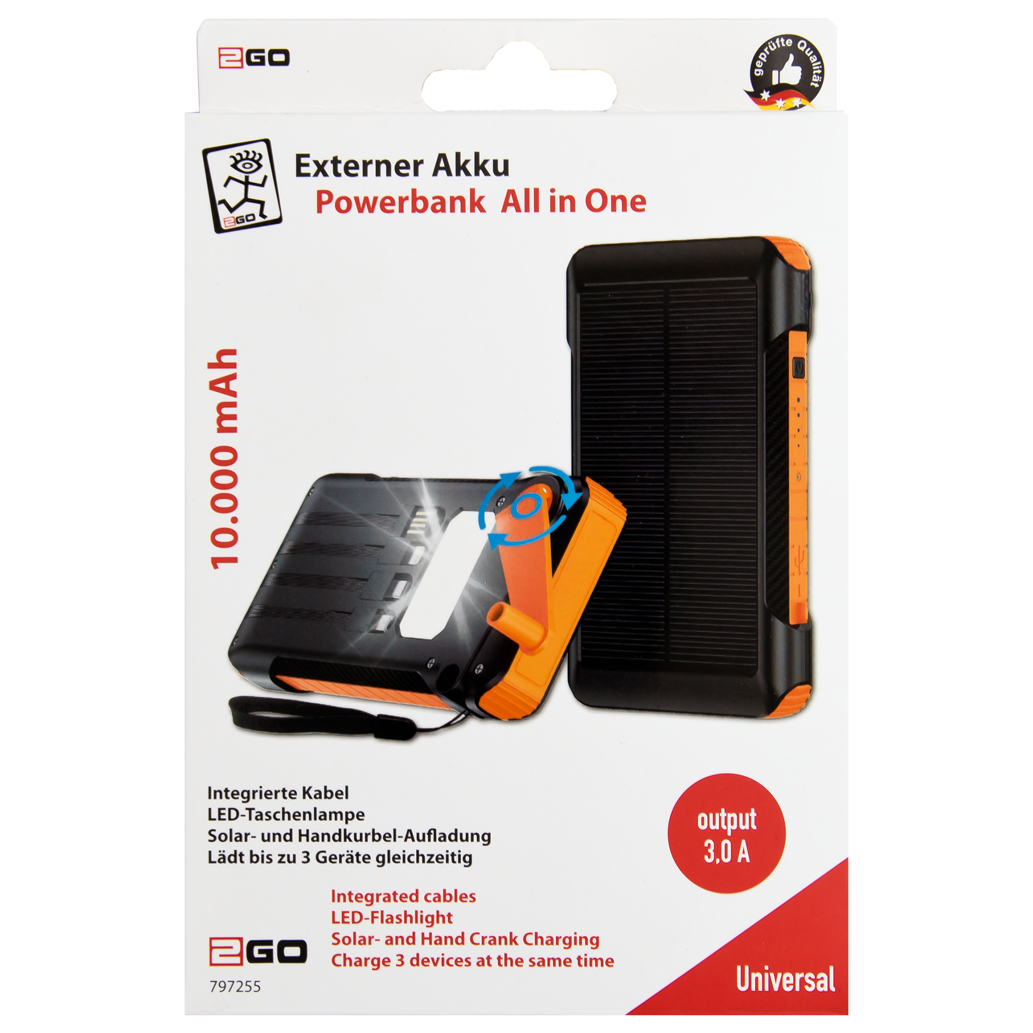 Powerbank - 10000 mAh - 1 x USB A -integrierte Kabel - LED Taschenlampe -Solarpanel - Handkurbel - schwarz / orange - Verpackung