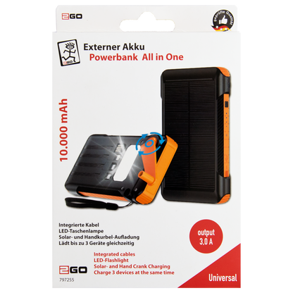 Powerbank - 10000 mAh - 1 x USB A -integrierte Kabel - LED Taschenlampe -Solarpanel - Handkurbel - schwarz / orange - Verpackung