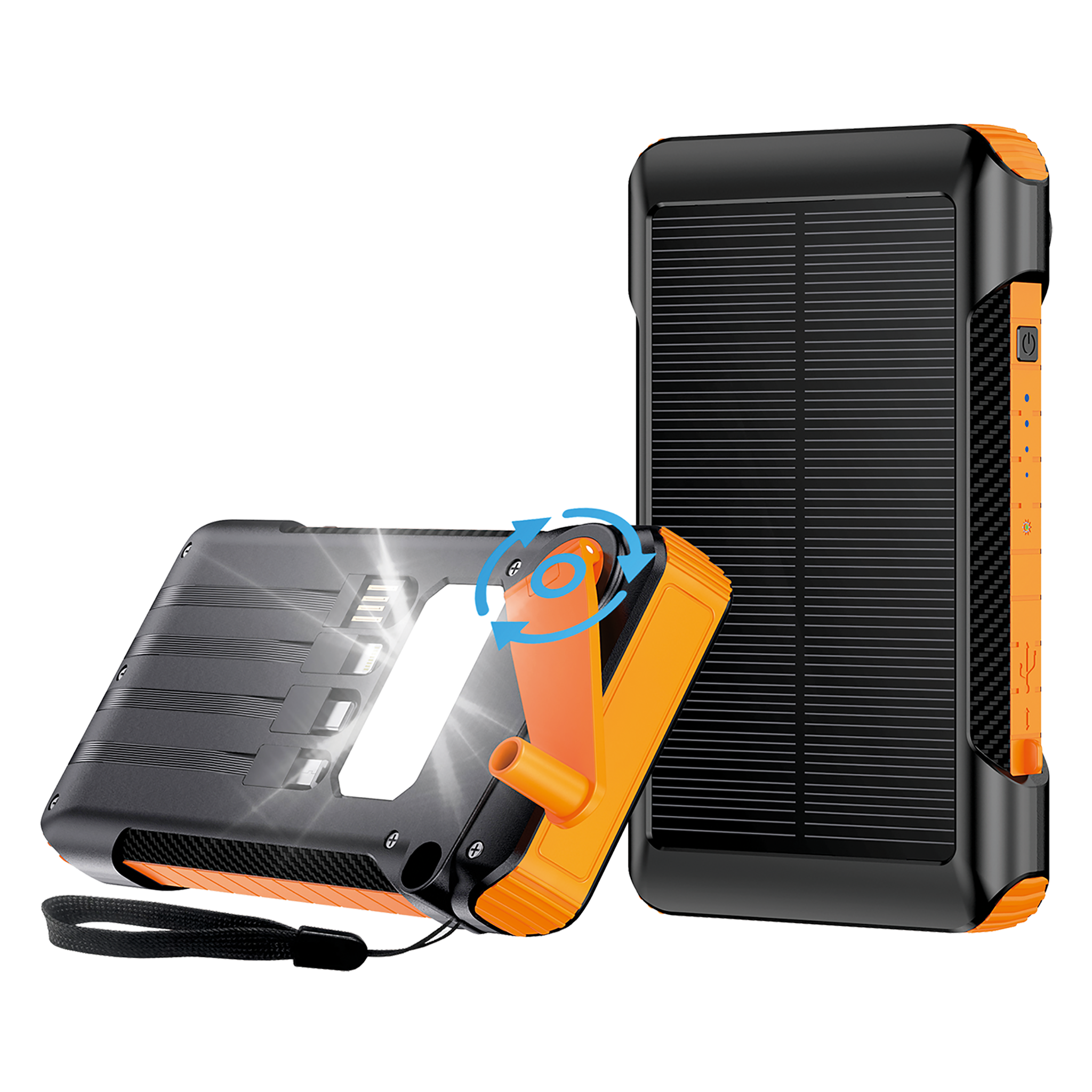 Powerbank - 10000 mAh - 1 x USB A -integrierte Kabel - LED Taschenlampe -Solarpanel - Handkurbel - schwarz / orange