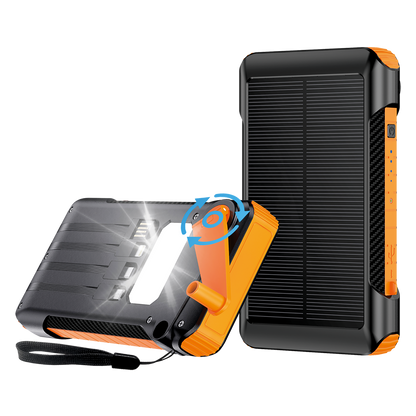 Powerbank - 10000 mAh - 1 x USB A -integrierte Kabel - LED Taschenlampe -Solarpanel - Handkurbel - schwarz / orange