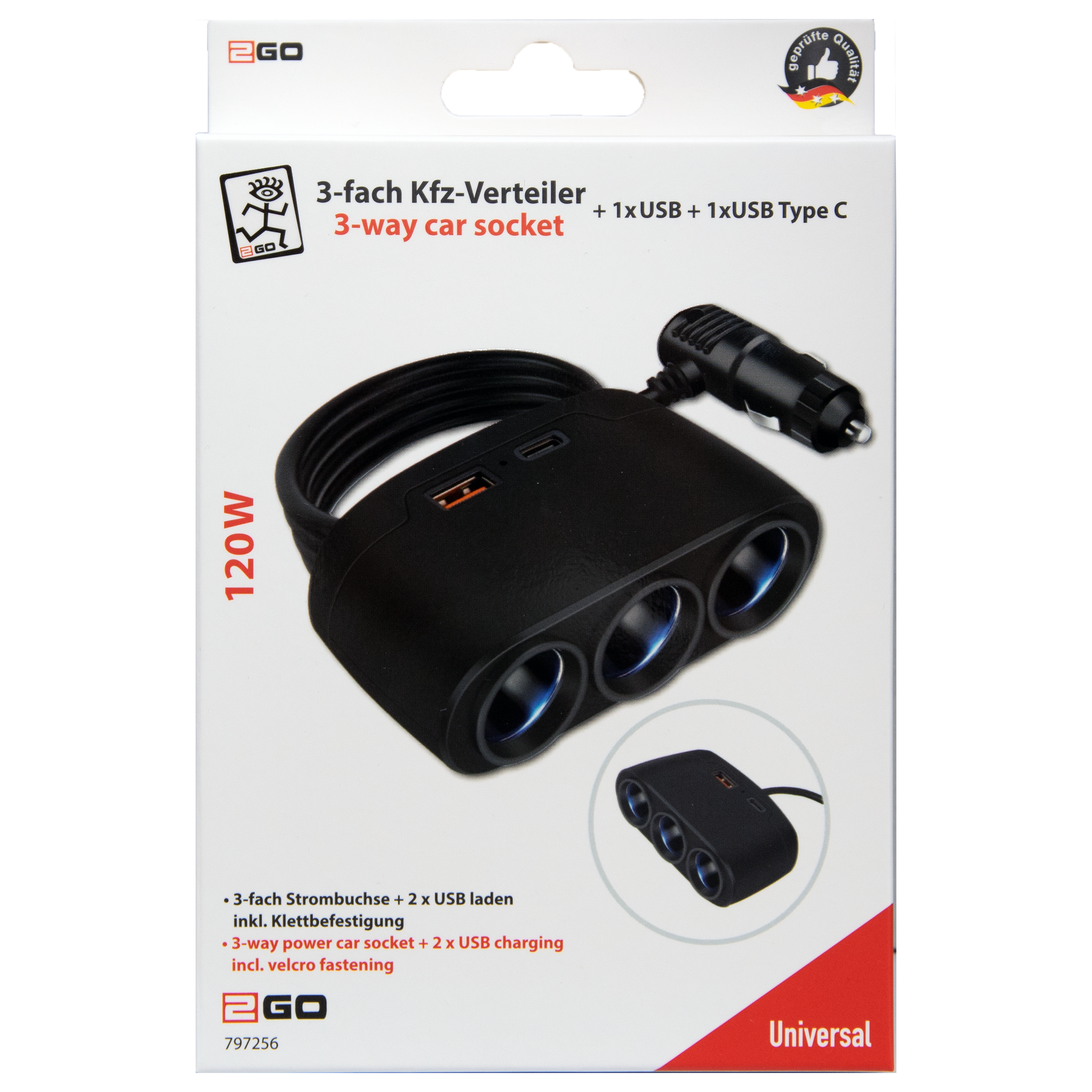 Kfz-Zigarettenanzünder-Verteiler 3-fach - 1 x USB A - 1 x USB Type-C - max. 120 W - schwarz - Verpackung