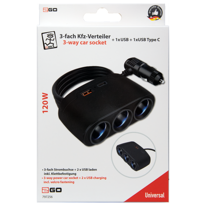 Kfz-Zigarettenanzünder-Verteiler 3-fach - 1 x USB A - 1 x USB Type-C - max. 120 W - schwarz - Verpackung