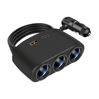 Kfz-Zigarettenanzünder-Verteiler 3-fach - 1 x USB A - 1 x USB Type-C - max. 120 W - schwarz