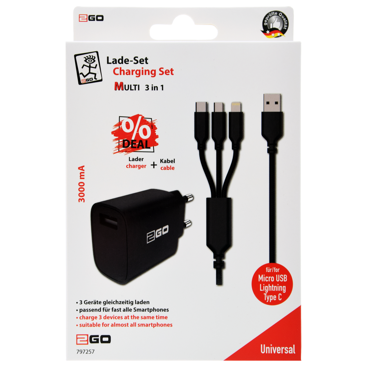 Netz-Ladeset 100 V - 240 V - 2-teilig - 3 in 1 Kabel - 1 x USB A - 15 W - 3000 mA - schwarz