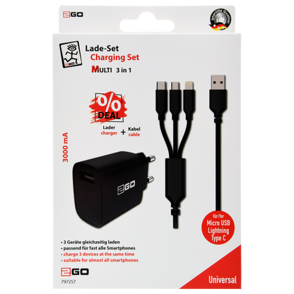 Netz-Ladeset 100 V - 240 V - 2-teilig - 3 in 1 Kabel - 1 x USB A - 15 W - 3000 mA - schwarz