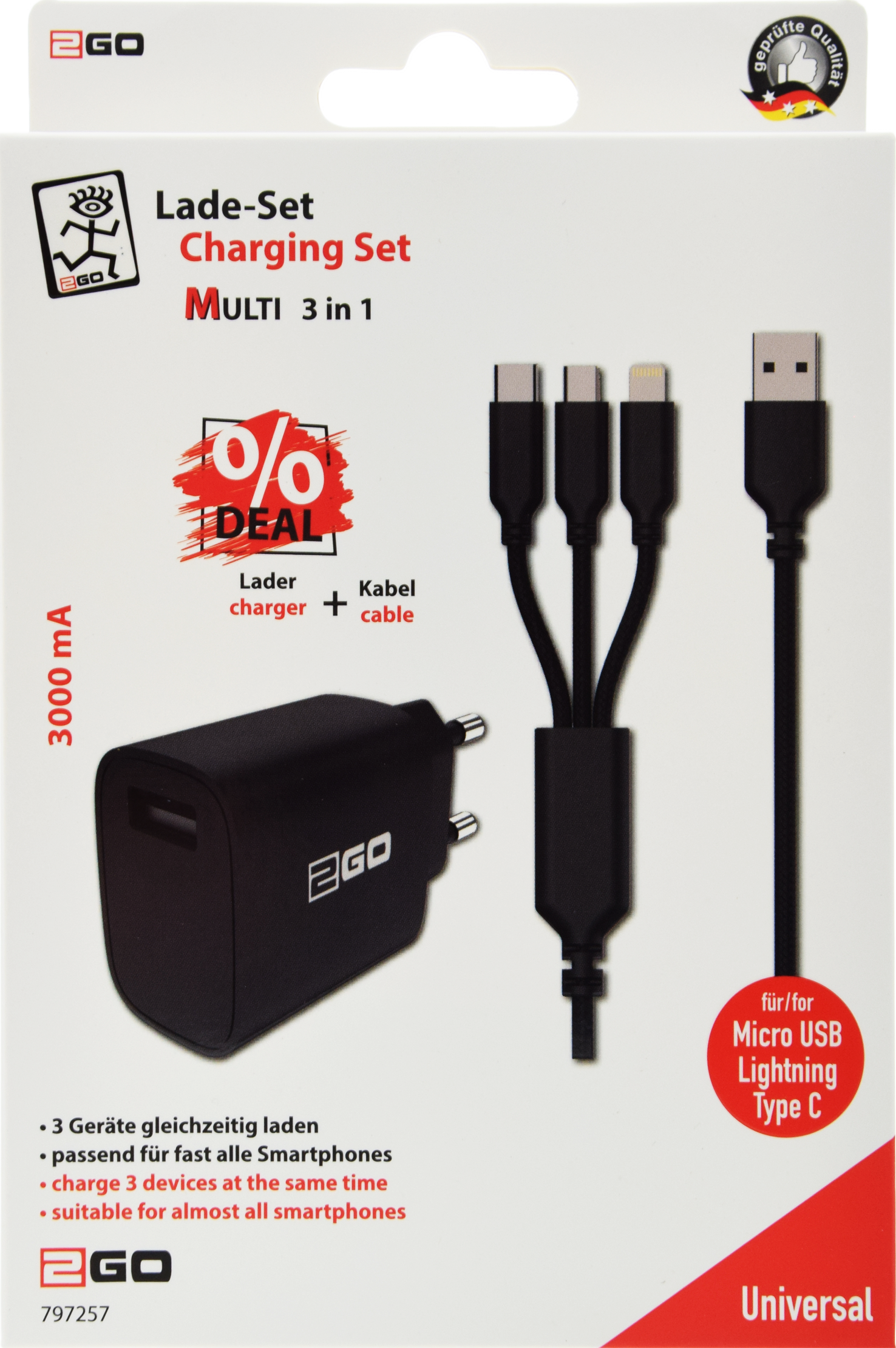 Universal USB Netzladeset mit 3 in 1 Kabel für Micro-USB, Lightning und USB Type-C - 3000 mA - schwarz - Verpackung