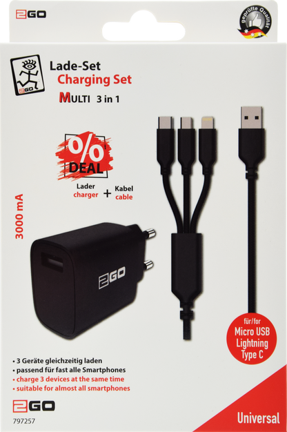 Universal USB Netzladeset mit 3 in 1 Kabel für Micro-USB, Lightning und USB Type-C - 3000 mA - schwarz - Verpackung