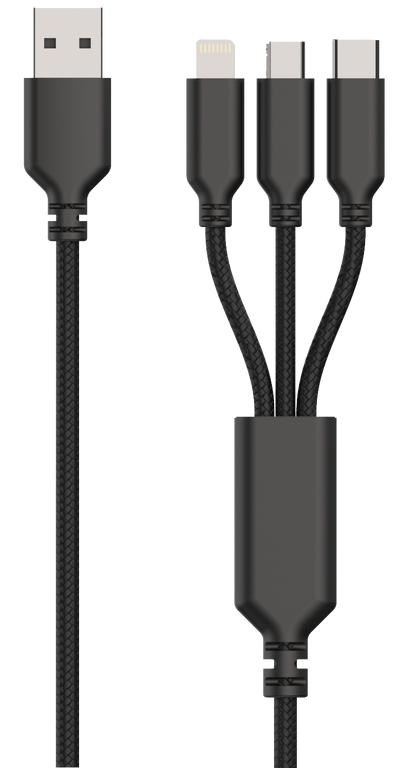 Universal Netz-Ladeset / (2-teilig) / 3 in 1 Kabel / 1 x USB A / 15 W / 3000 mA / schwarz
