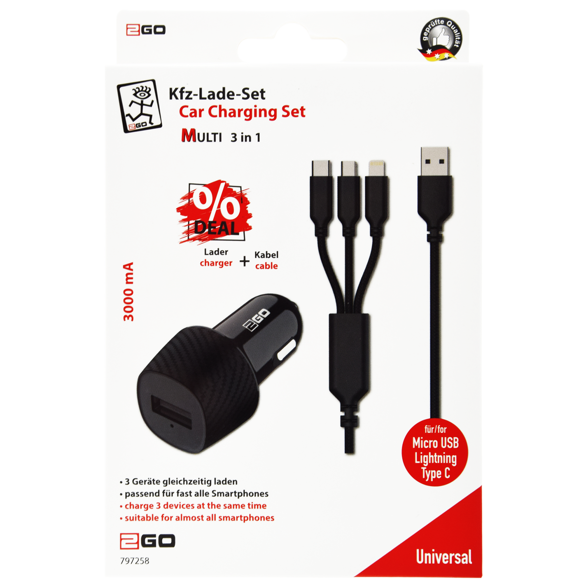 Kfz-Ladeset 12 V / 24 V - 2-teilig - 3 in 1 Kabel - 1 x USB A - 15 W - 3000 mA - schwarz