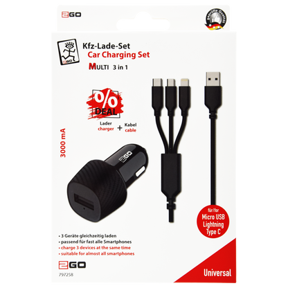 Kfz-Ladeset 12 V / 24 V - 2-teilig - 3 in 1 Kabel - 1 x USB A - 15 W - 3000 mA - schwarz