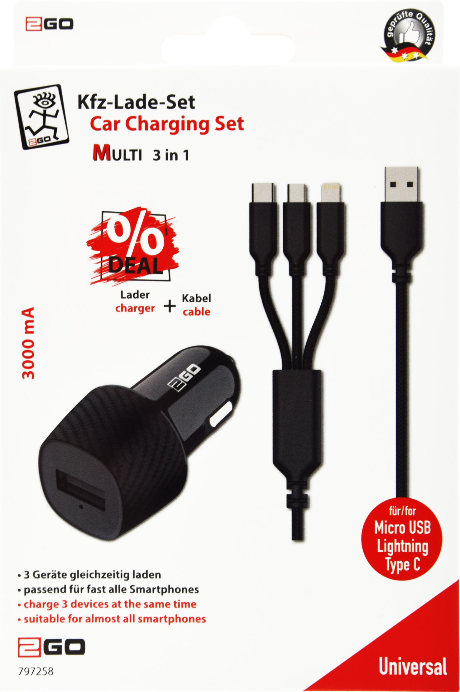 Universal USB Kfz-Ladeset 12 V / 24 V mit 3 in 1 Kabel für Micro-USB, Lightning und USB Type-C - 3000 mA - schwarz - Verpackung