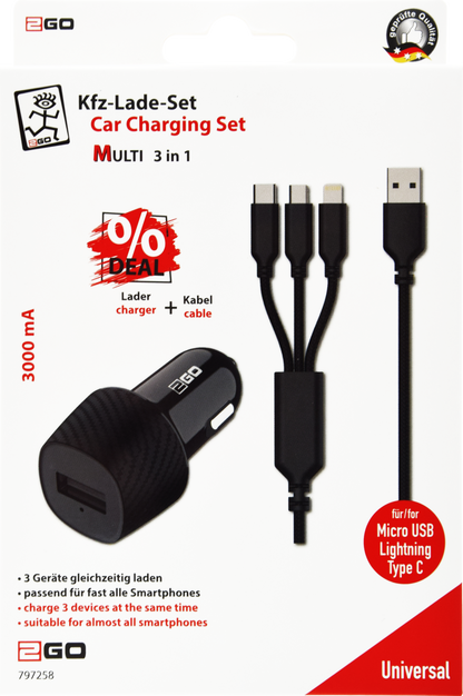 Universal USB Kfz-Ladeset 12 V / 24 V mit 3 in 1 Kabel für Micro-USB, Lightning und USB Type-C - 3000 mA - schwarz - Verpackung