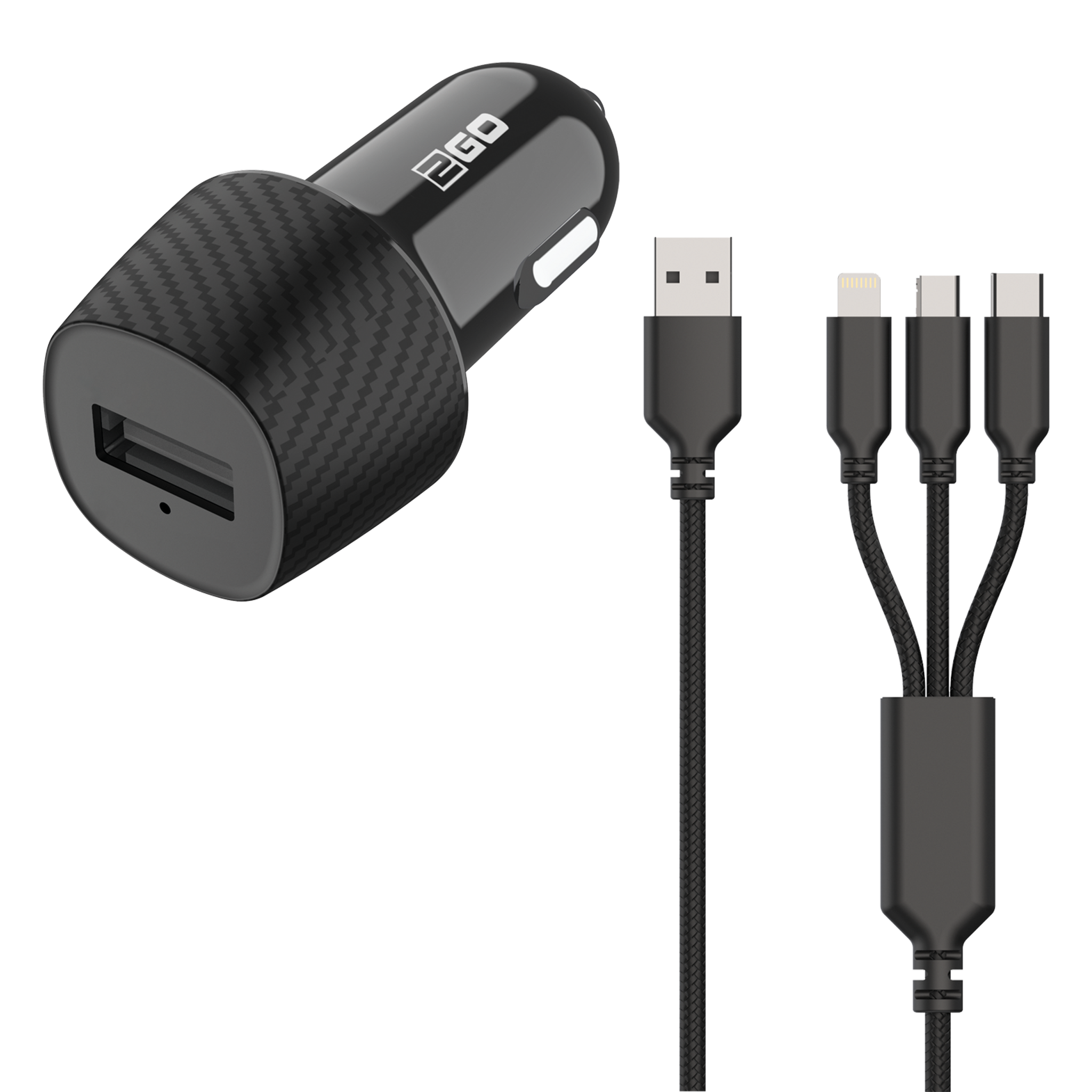Universal USB Kfz-Ladeset 12 V / 24 V mit 3 in 1 Kabel für Micro-USB, Lightning und USB Type-C - 3000 mA - schwarz