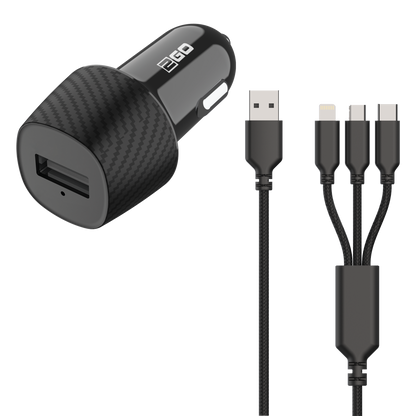 Universal USB Kfz-Ladeset 12 V / 24 V mit 3 in 1 Kabel für Micro-USB, Lightning und USB Type-C - 3000 mA - schwarz
