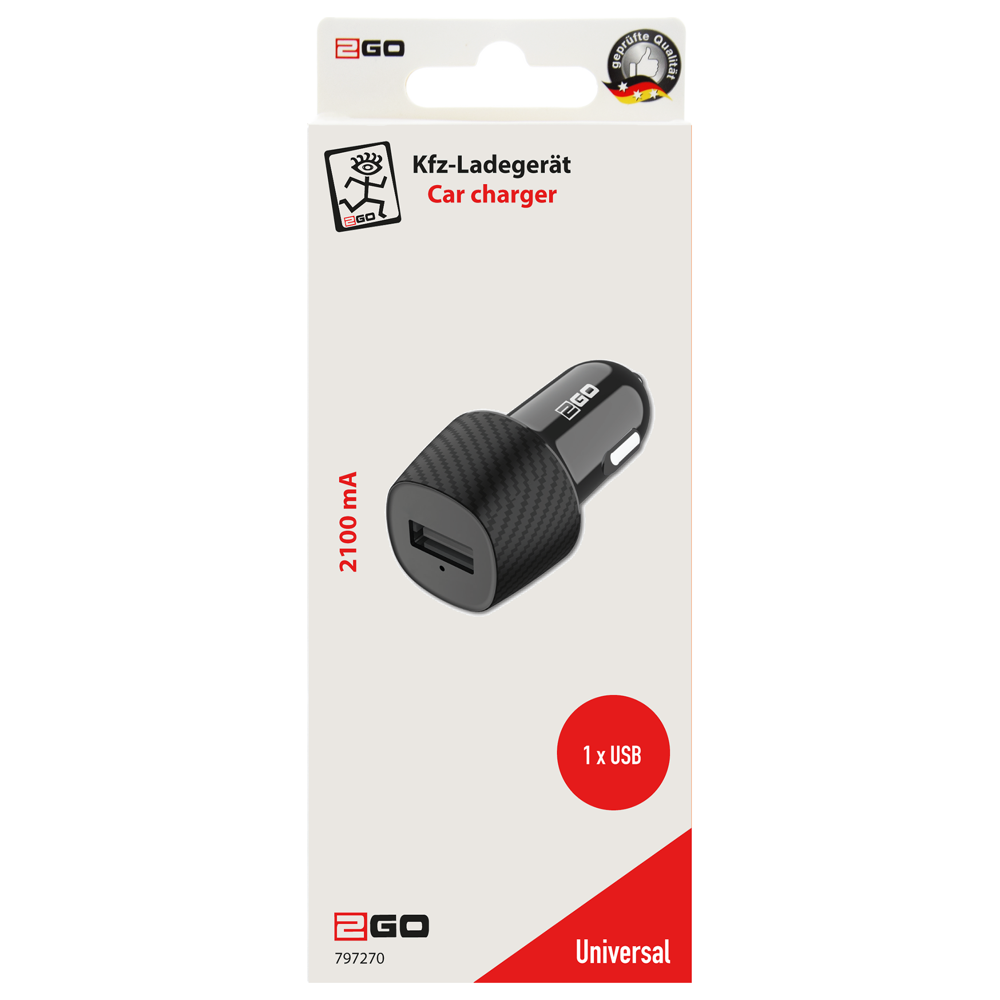 USB Kfz Ladegerät 12V/24V - 1 x USB - 10W - 2100mA - schwarz - Verpackung
