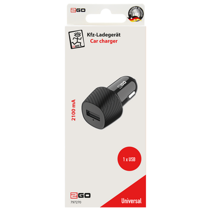 USB Kfz Ladegerät 12V/24V - 1 x USB - 10W - 2100mA - schwarz - Verpackung