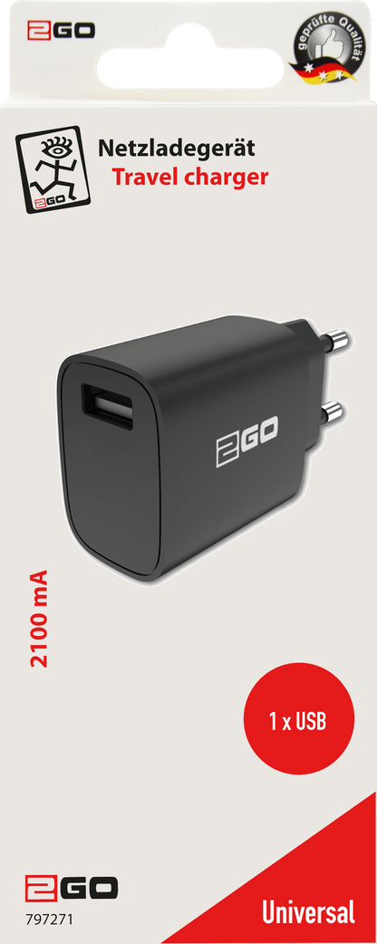 Netz-Ladegerät - 1 x USB A - 10 W - 2100 mA - schwarz