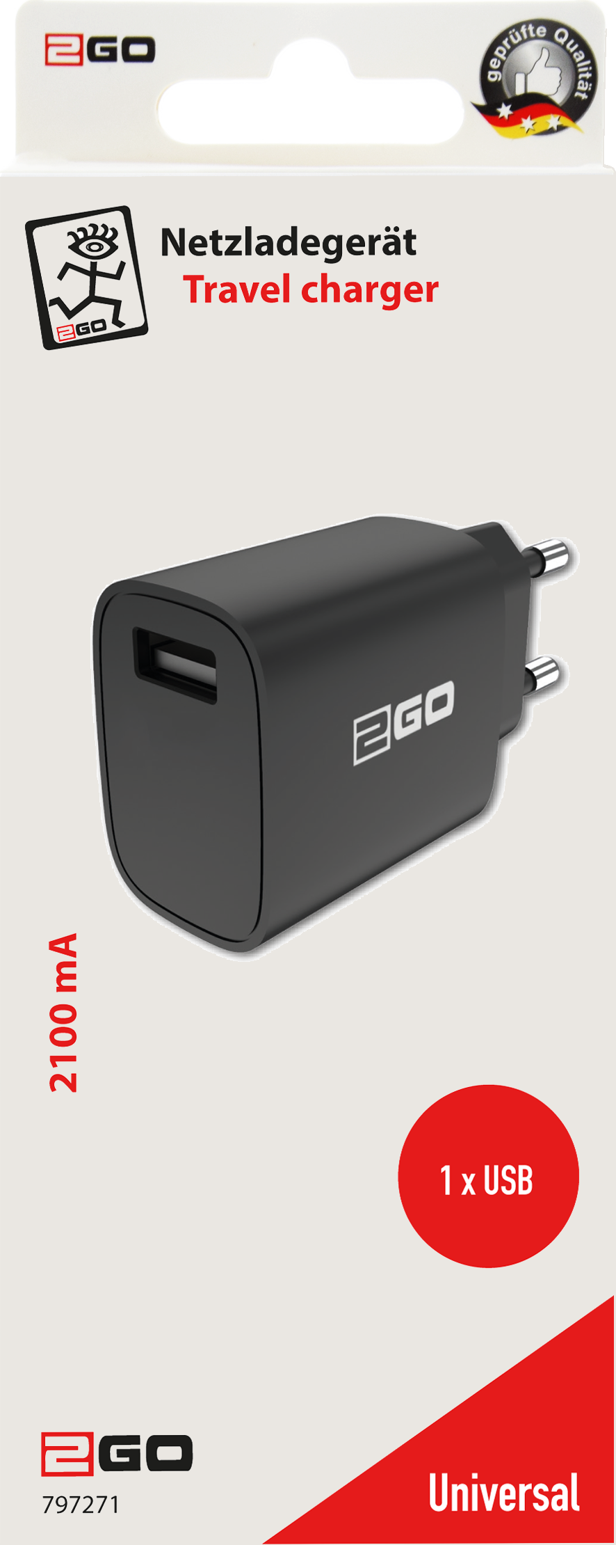 USB Netzladegerät 100 V - 240 V - 1 x USB A - 2100 mA - schwarz - Verpackung