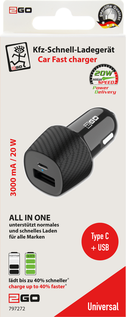 Kfz-Ladegerät / Power Delivery & FastCharge / 1 x USB A & 1 x USB Type-C / 20 W / 3000 mA / schwarz