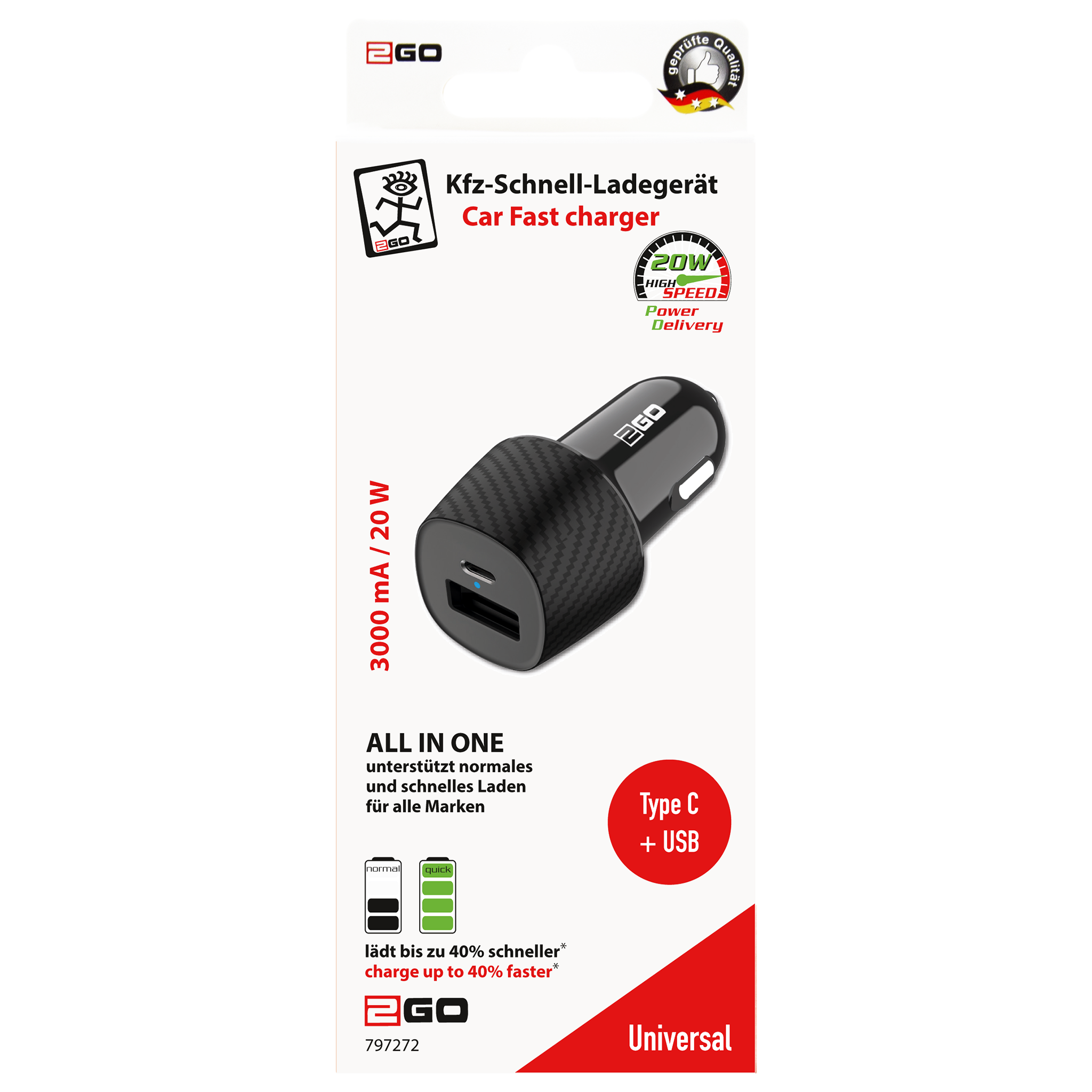 USB Kfz-Ladegerät 12 V / 24 V - 1 x USB A - 1 x - USB Type-C - 3000mAh - schwarz - Verpackung