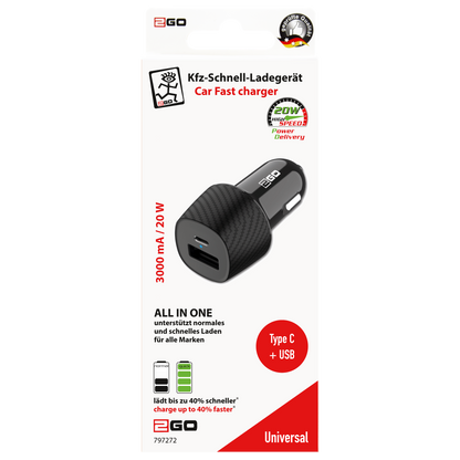 USB Kfz-Ladegerät 12 V / 24 V - 1 x USB A - 1 x - USB Type-C - 3000mAh - schwarz - Verpackung