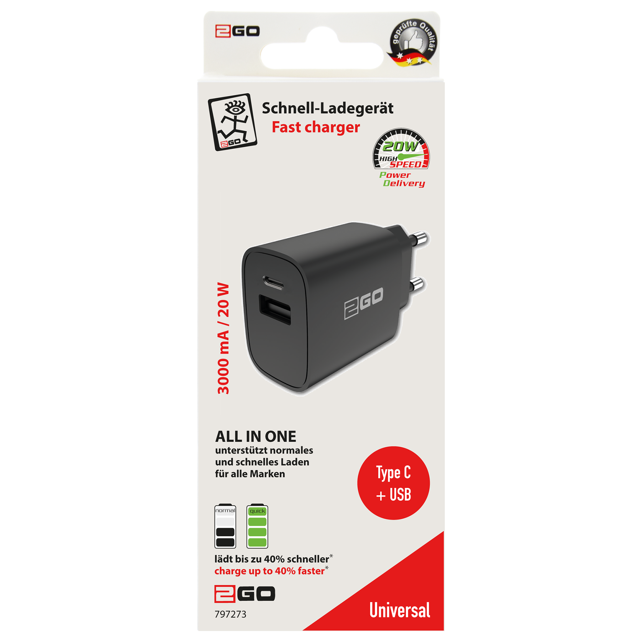 Netz-Ladegerät 100 V - 240 V - 1 x USB A & 1 x USB Type-C - 20 W - 3000 mA - schwarz