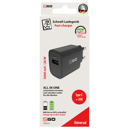 Netz-Ladegerät 100 V - 240 V - 1 x USB A & 1 x USB Type-C - 20 W - 3000 mA - schwarz