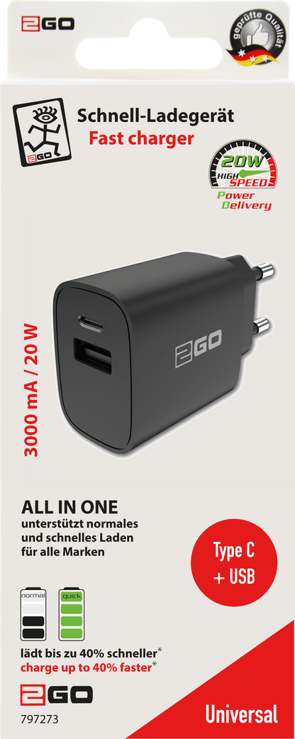 USB Netz-Ladegerät 100 V - 240 V - 1 x USB A und 1 x USB Type-C - 3000 mA - 20 W - schwarz - Verpackung