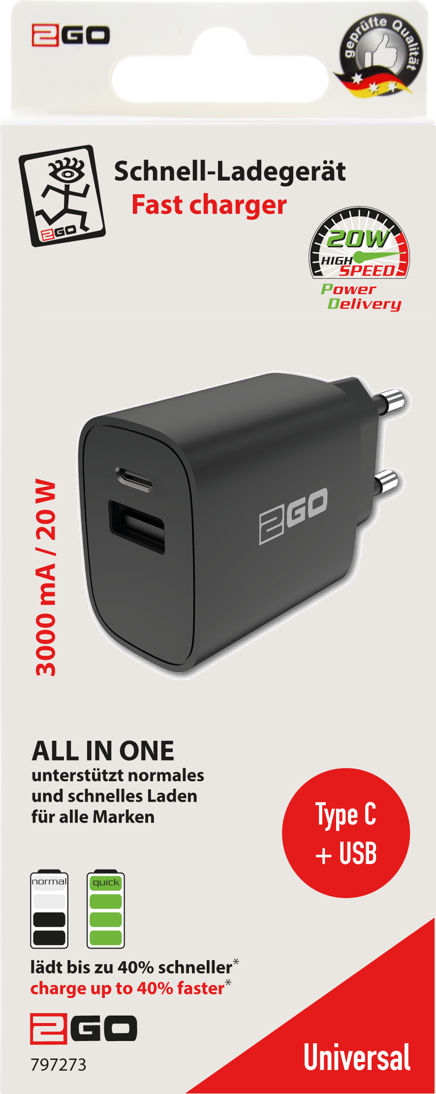 USB Netz-Ladegerät 100 V - 240 V - 1 x USB A und 1 x USB Type-C - 3000 mA - 20 W - schwarz - Verpackung