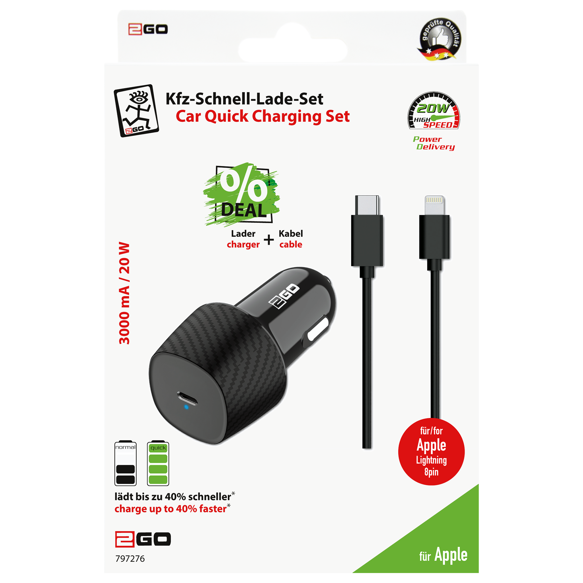 Kfz-Ladeset 12 V / 24 V - (2-teilig) - Power Delivery - 1 x USB Type-C - 20 W - 3000 mA - schwarz