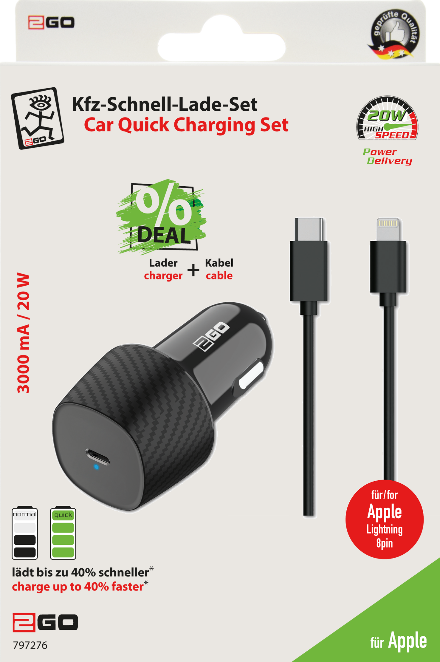 Kfz-Ladeset / (2-teilig) / Power Delivery / 1 x USB Type-C / 20 W / 3000 mA / schwarz