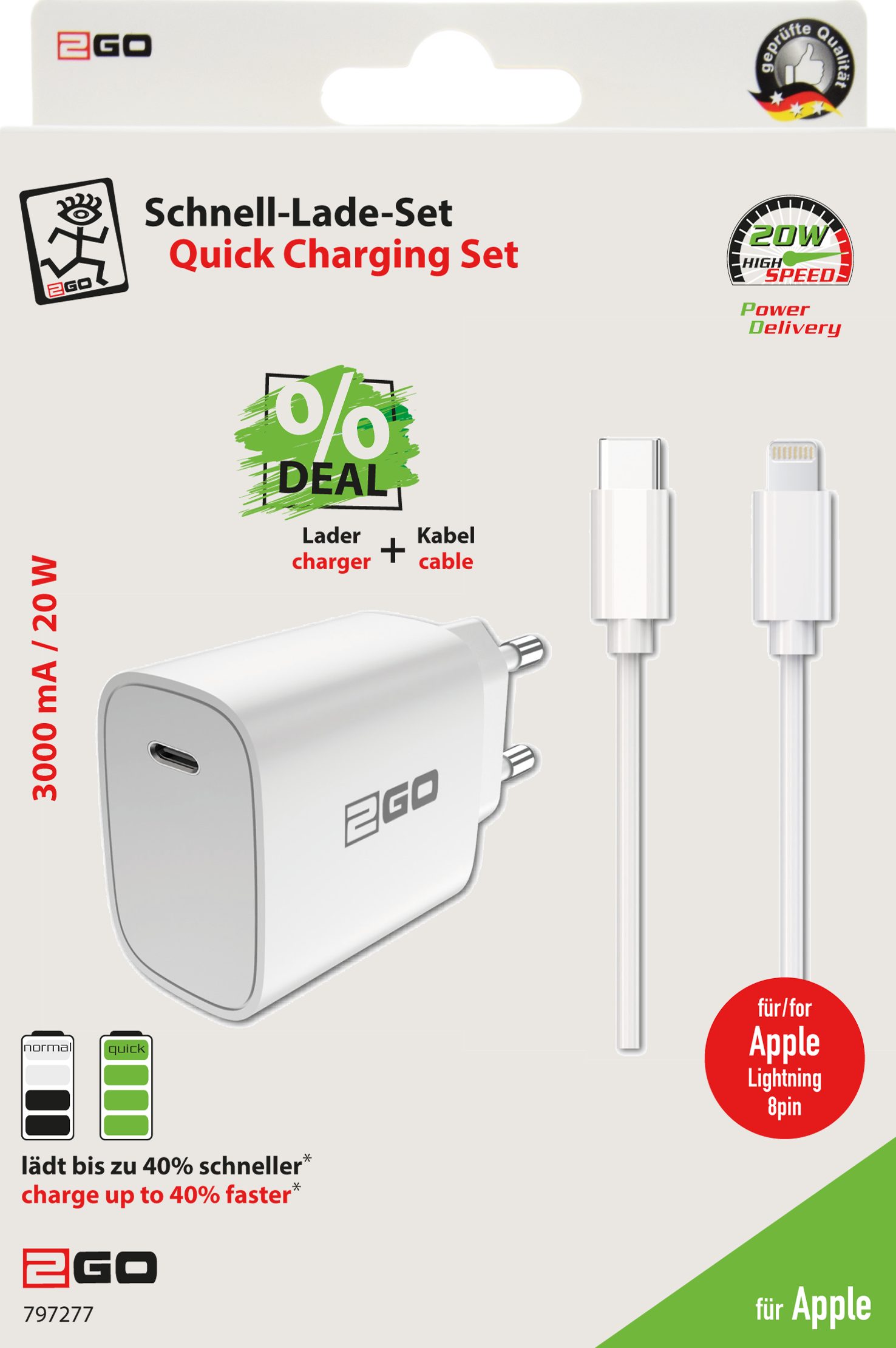 Netz-Ladeset 100 V - 240 V - 1 x USB Type-C - USB Type-C auf Lightning-Kabel - 3000 mA - 20 W - weiß - Verpackung
