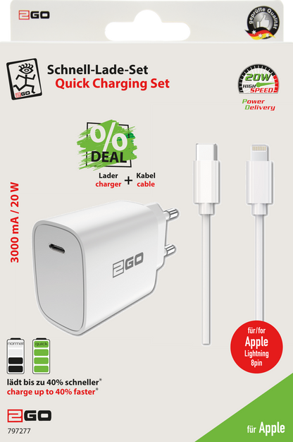 Netz-Ladeset 100 V - 240 V - 1 x USB Type-C - USB Type-C auf Lightning-Kabel - 3000 mA - 20 W - weiß - Verpackung