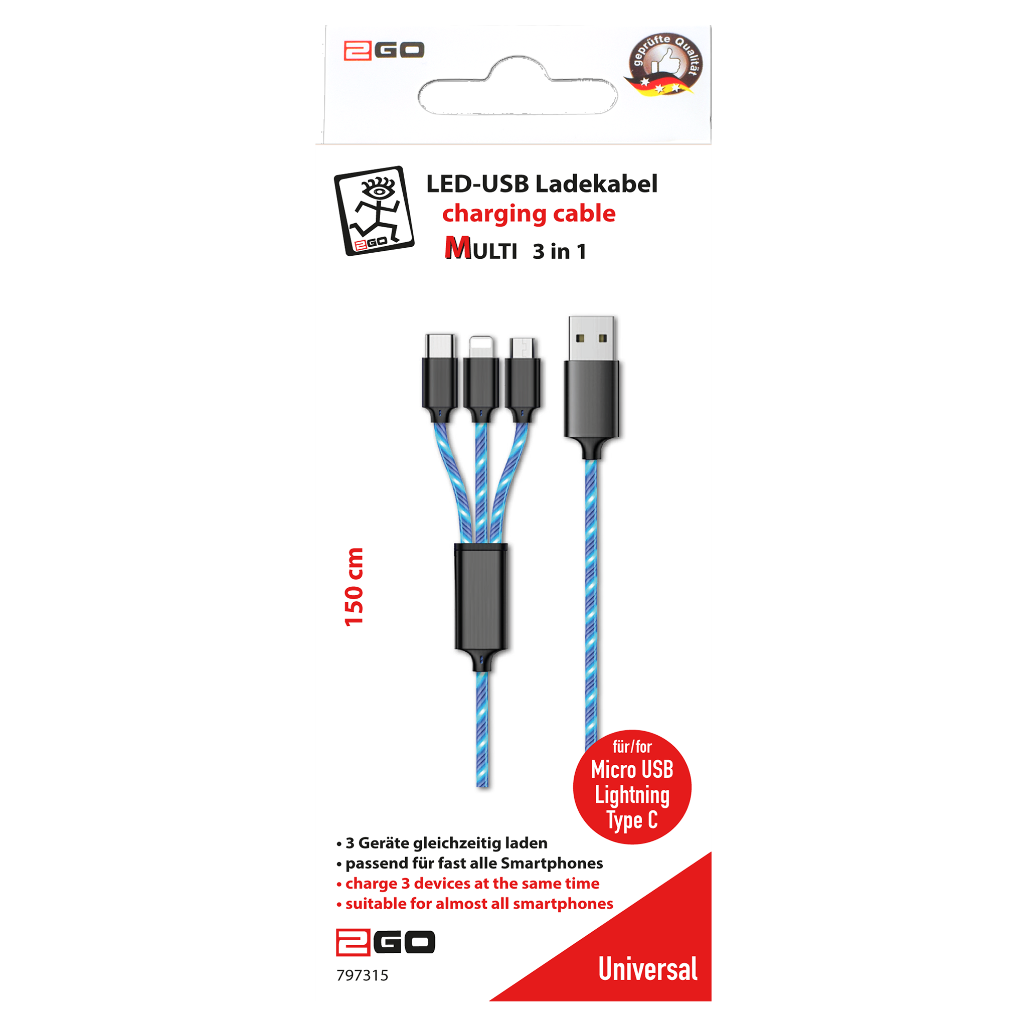 3 in 1 USB Ladekabel für Micro-USB, Lightning & USB Type-C mit blauer LED-Beleuchtung - 150 cm - Verpackung
