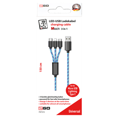 3 in 1 USB Ladekabel für Micro-USB, Lightning & USB Type-C mit blauer LED-Beleuchtung - 150 cm - Verpackung