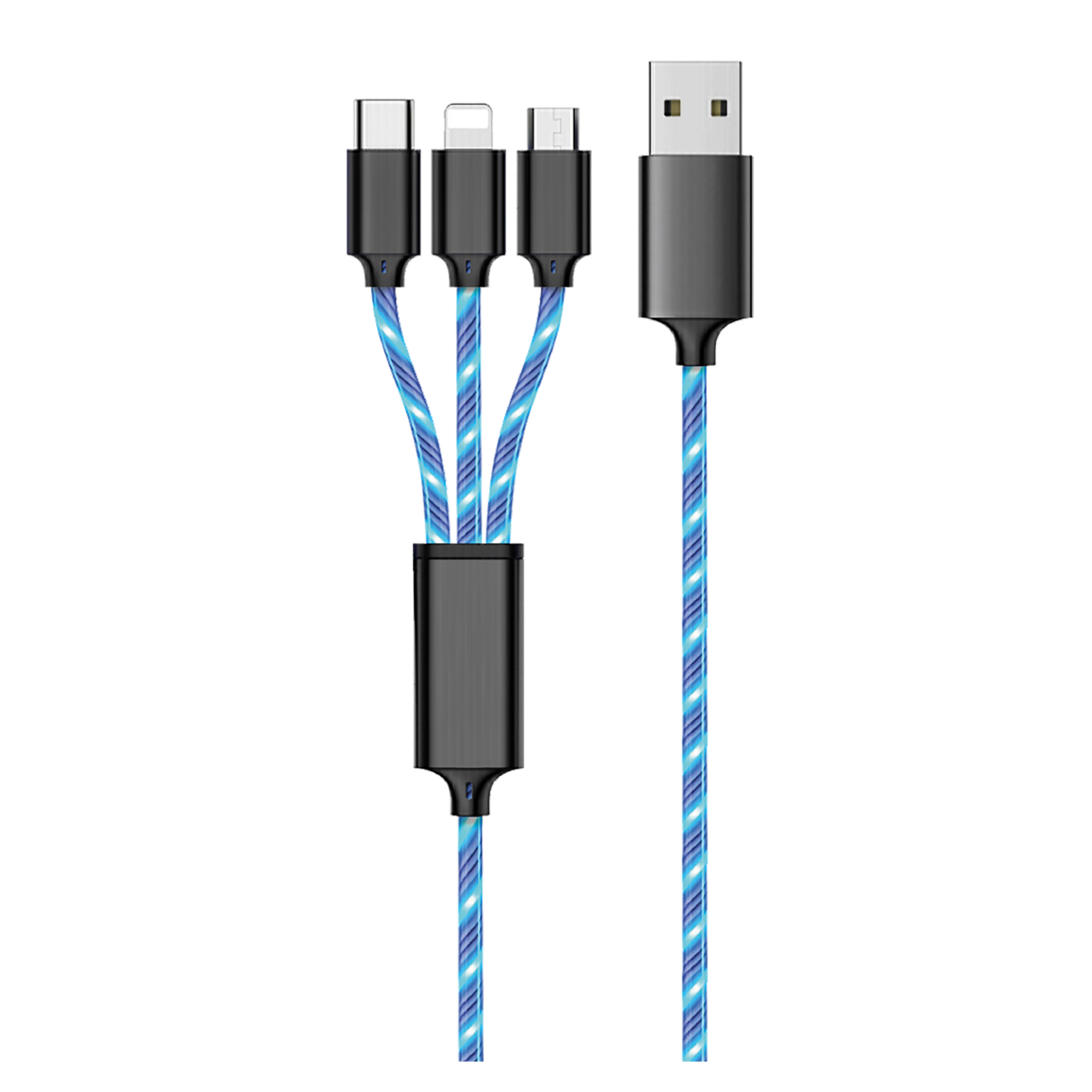 3 in 1 USB Ladekabel für Micro-USB, Lightning & USB Type-C mit blauer LED-Beleuchtung - 150 cm